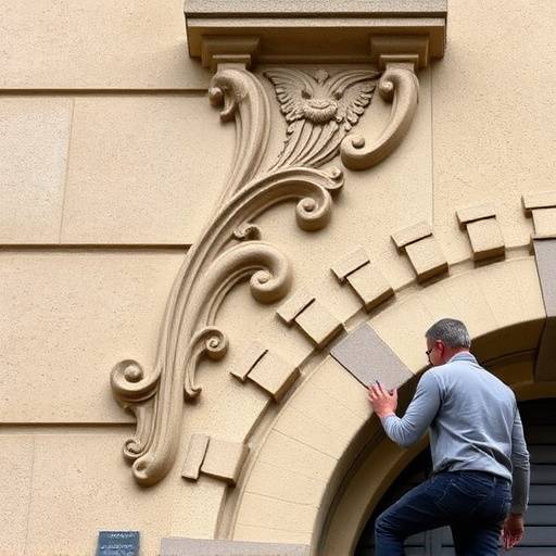 Artigiano che lavora con attenzione su un dettaglio di facciata