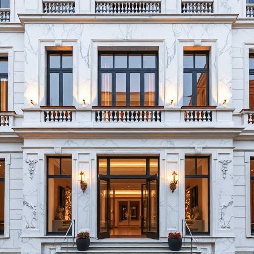 Attico di lusso con facciata in marmo bianco di Carrara e profili in ottone
