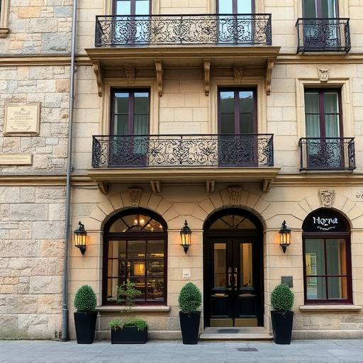 Boutique hotel con facciata in pietra antica restaurata e dettagli in ferro battuto.