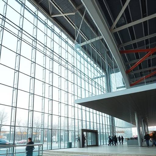 Centro congressi con facciata in vetro extrachiaro e struttura metallica a vista