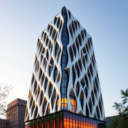 Edificio a torre con facciata scultorea in alluminio espanso e illuminazione dinamica