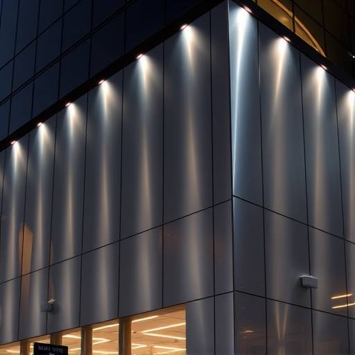 Facciata di un edificio commerciale con pannelli metallici a effetto specchio e illuminazione LED integrata