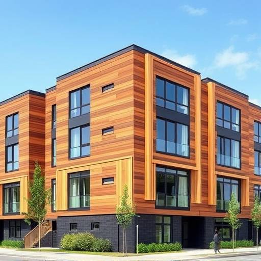 Facciata di un edificio residenziale moderno con rivestimento in legno e ampie vetrate