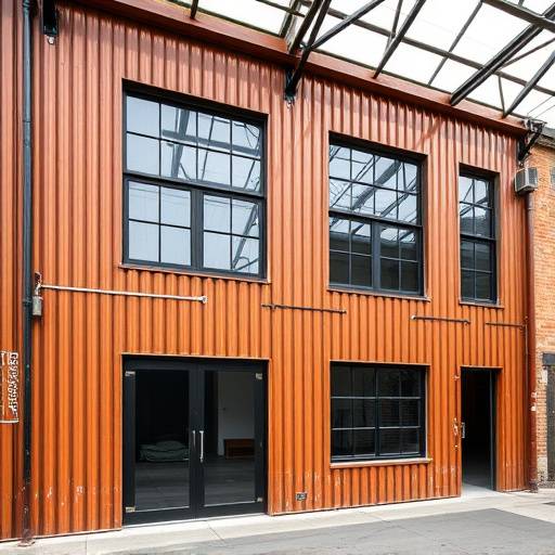 Loft industriale ristrutturato con facciata in metallo corten e ampie finestre nere.