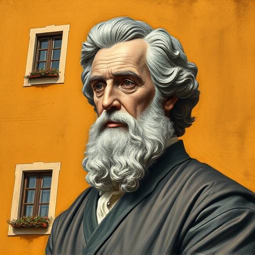 Ritratto di Giovanni Verdi davanti a una casa con una nuova facciata color ocra