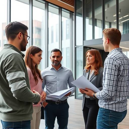 Team di designer che discute progetti di facciate in un ufficio moderno