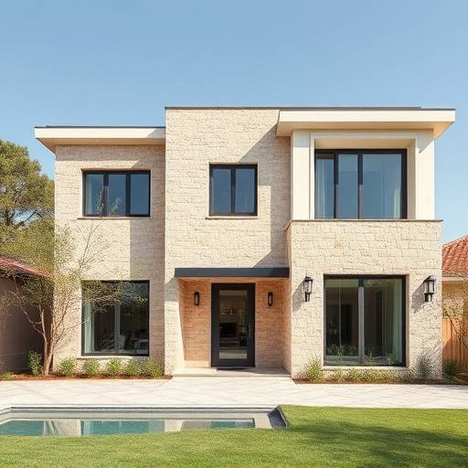 Villa moderna con facciata in pietra naturale chiara e grandi vetrate